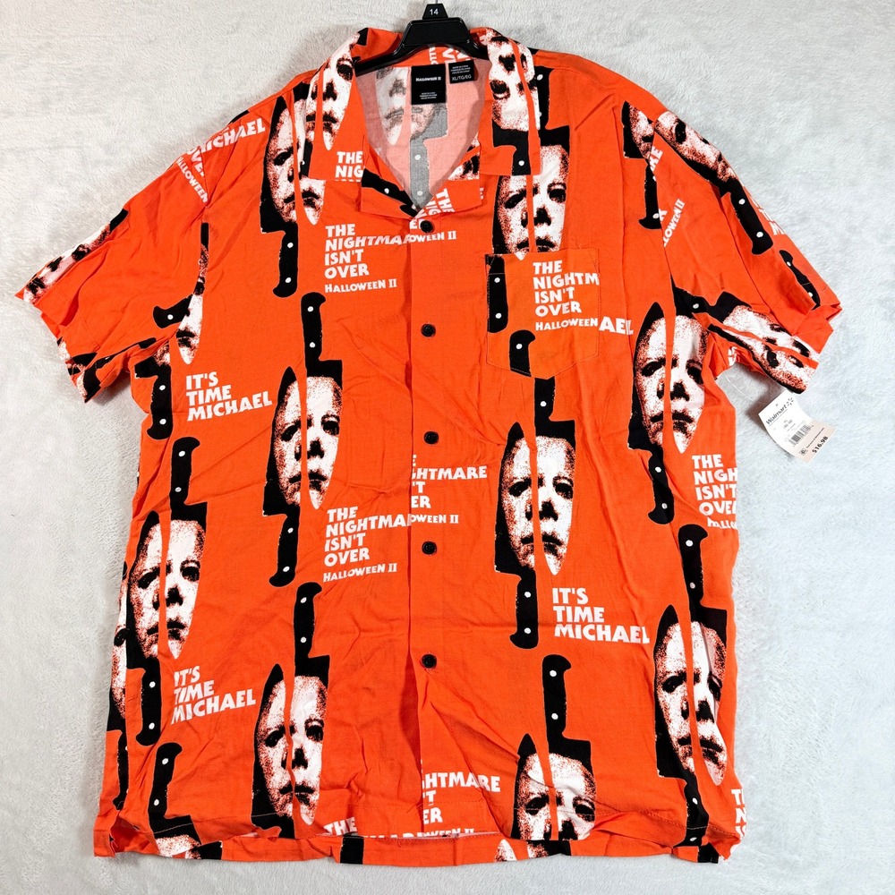 Halloween II Michael‎ Myers Men's Short Sleeve Button Up Orange Shirt XL